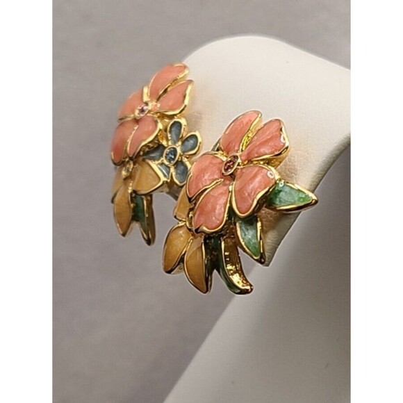 Joan Rivers Enamel & Rhinestone Flower Stud Earrings Pink, Green & Blue - Picture 3 of 5